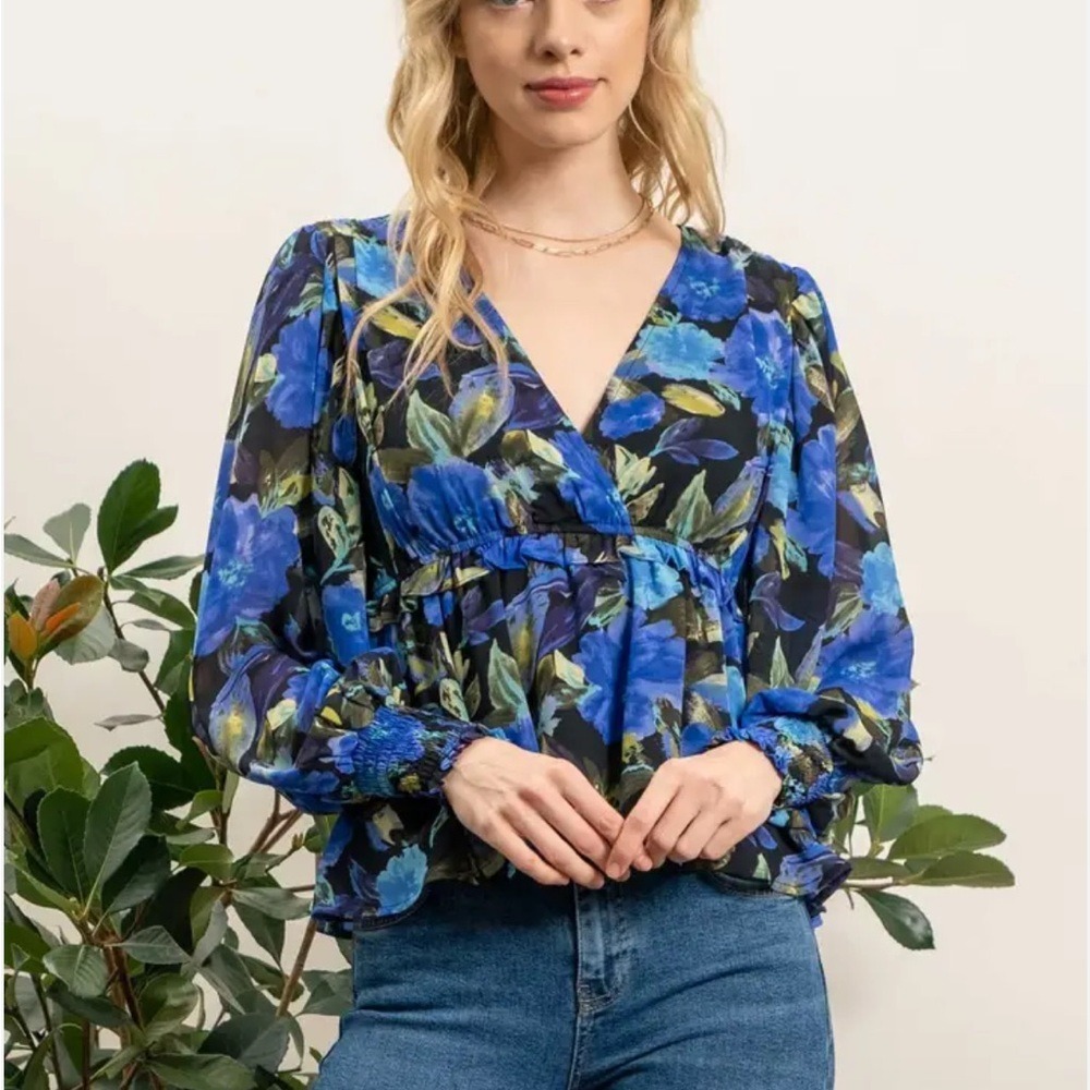 NWT Blu Pepper Anthropologie Size Small Floral V-Neck Blouse - Blue and Green